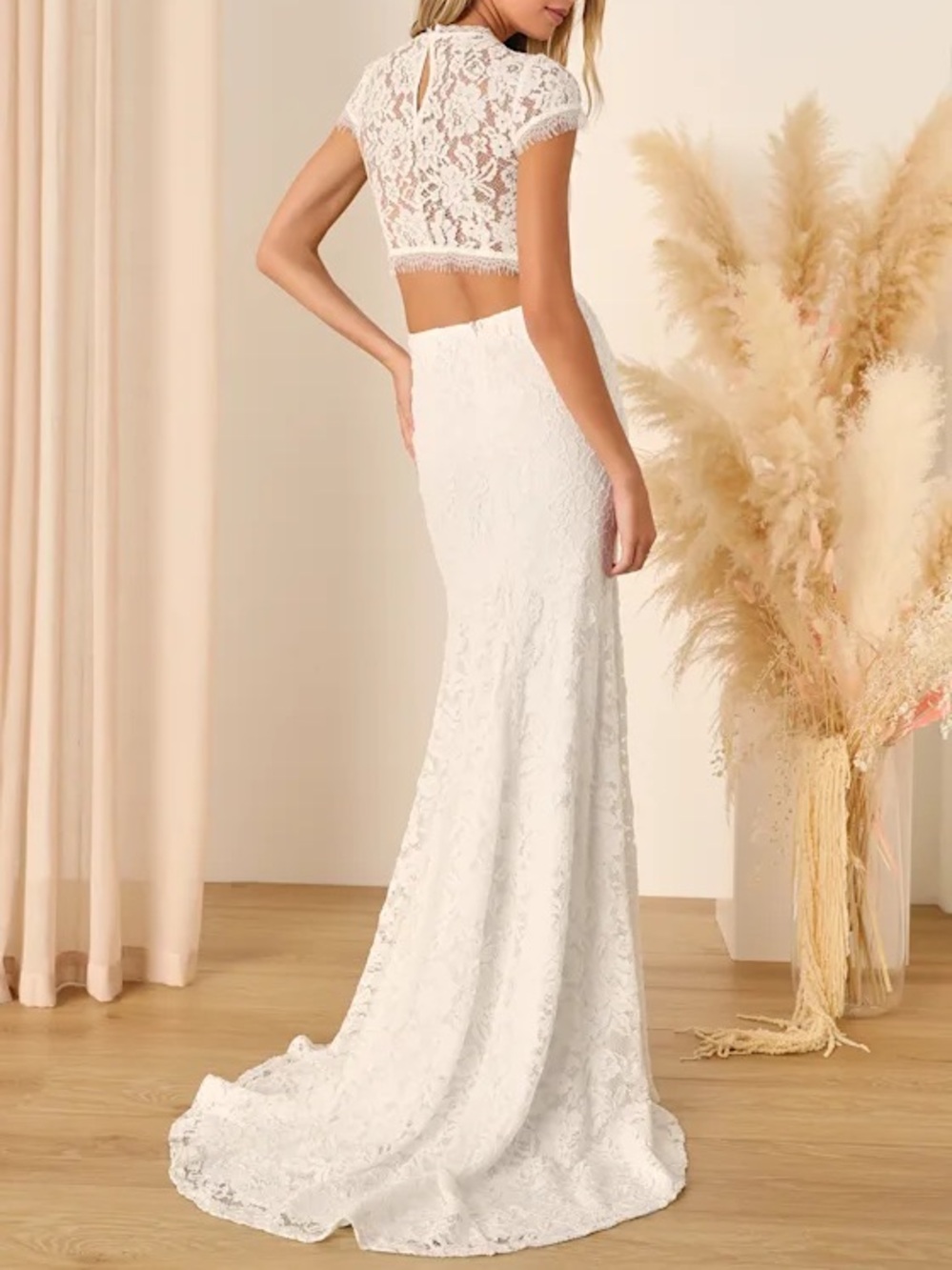 Lulus Devoted To Bliss White Lace Cap Sleeve Cutout Trumpet Maxi Dress - Size L - Picture 2 of 6